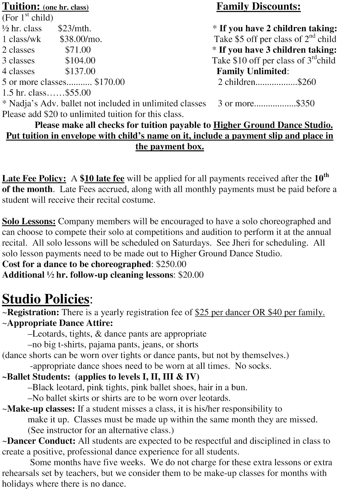 Higher Ground Dance Studio Registration Form and Dance Policies