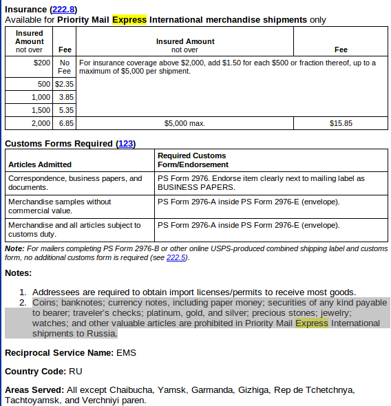 USPS Express Mail International (EMS): prohibitions, restrictions,...