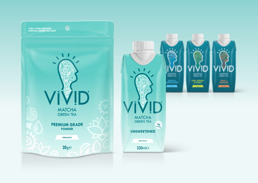 Vivid Drinks Unsweetened Tea Drink & Matcha Powder on Packaging of