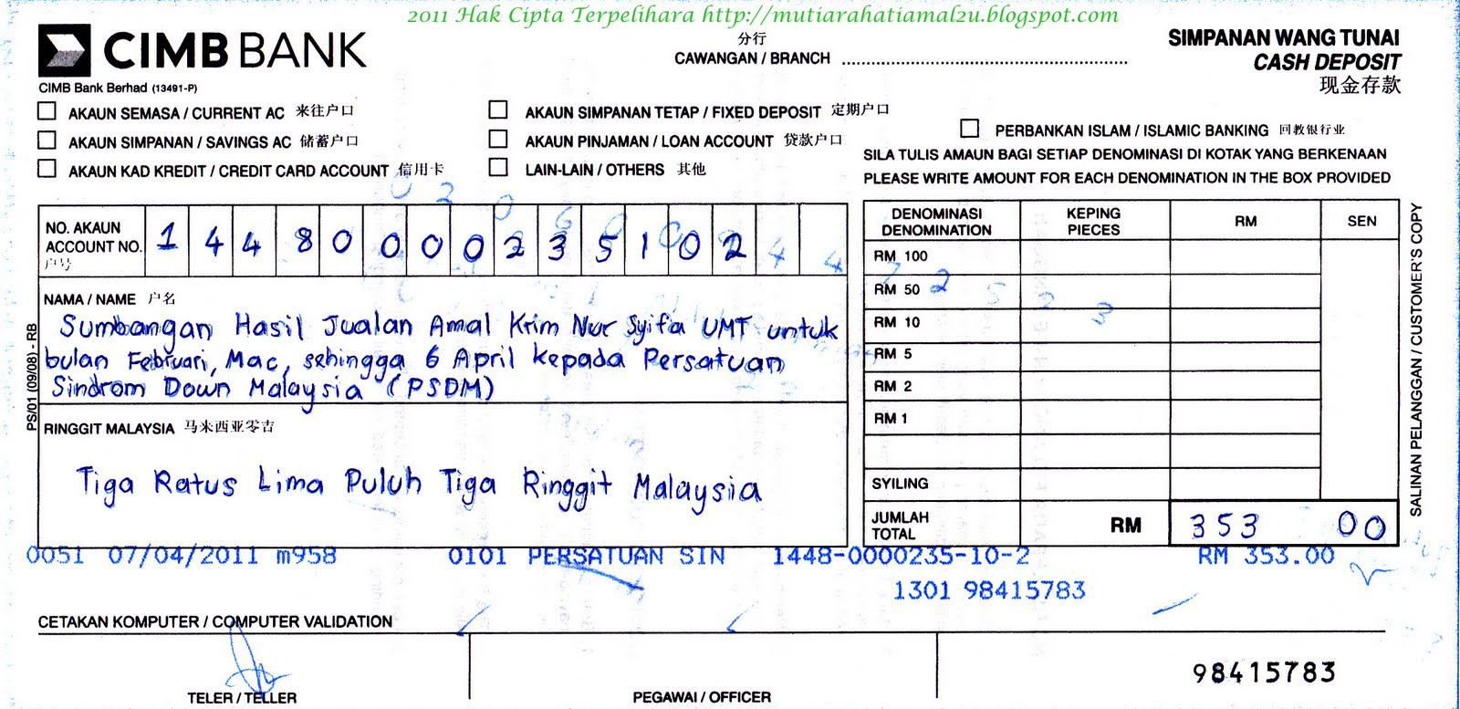 Krim Nur Syifa (KNS) Penyata Bank Jualan Amal
