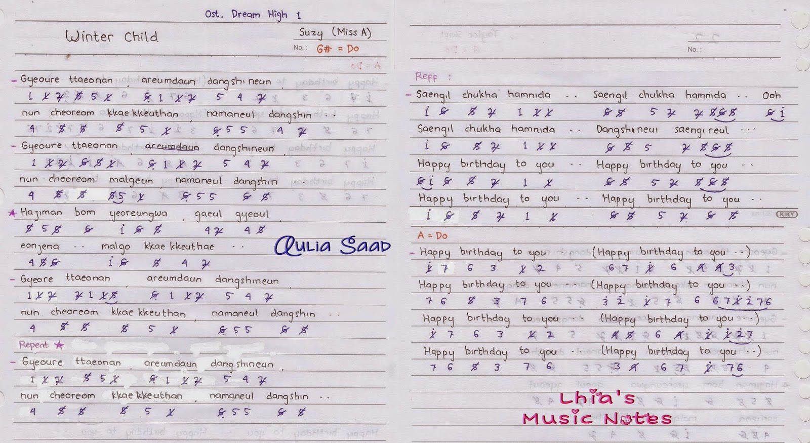 Not Angka Suzy Miss A Winter Child Ost Dream High 1 Not Angka Lagu Ost K Drama