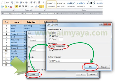 Cara Mengurutkan Data pada Tabel Ms Word Gambar: Cara mengurutkan data hanya kolom tertentu dengan memanfaatkan fasilitas Sort Options