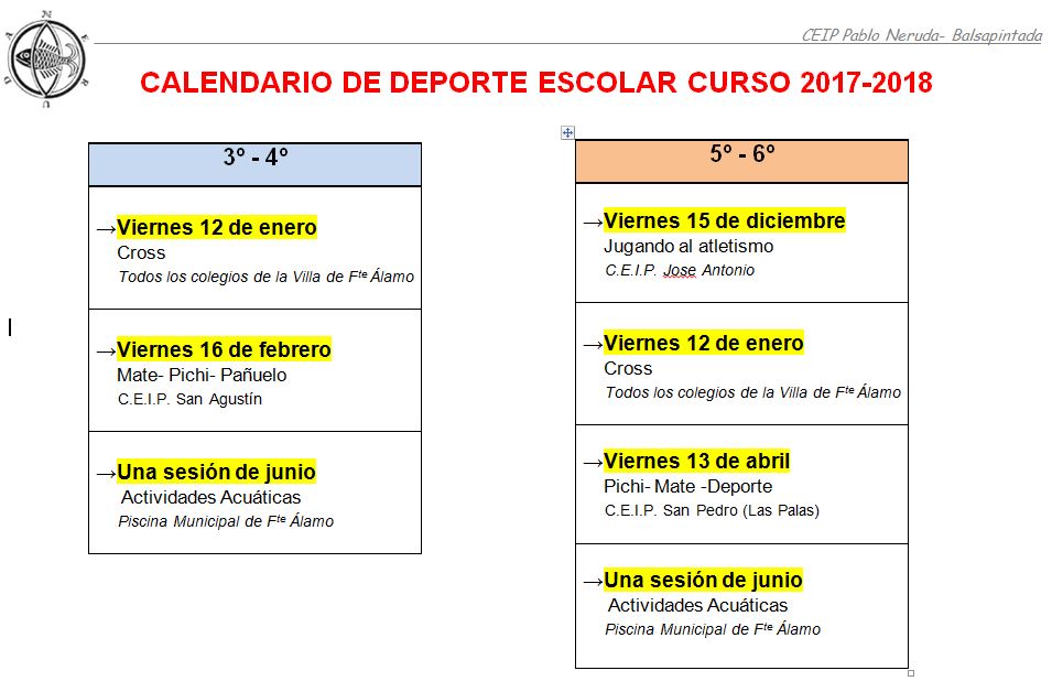 Calendario Deporte Escolar 2017-2018