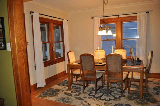 dining room, crown moulding, paint, candles, curtain holdbacks