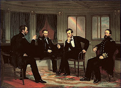 President Lincoln confides with General Grant, General Sherman and Adm. Porter