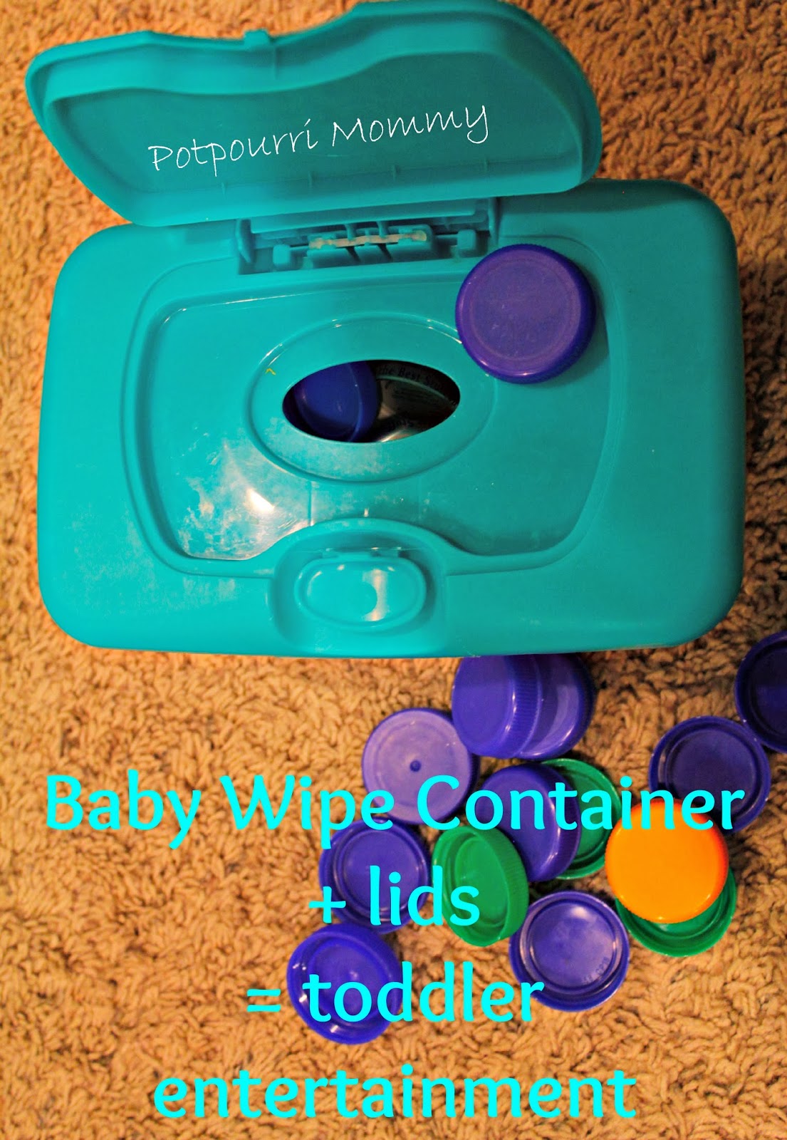 Potpourri Mommy Recycled baby wipe container + milk jug lids = toddler