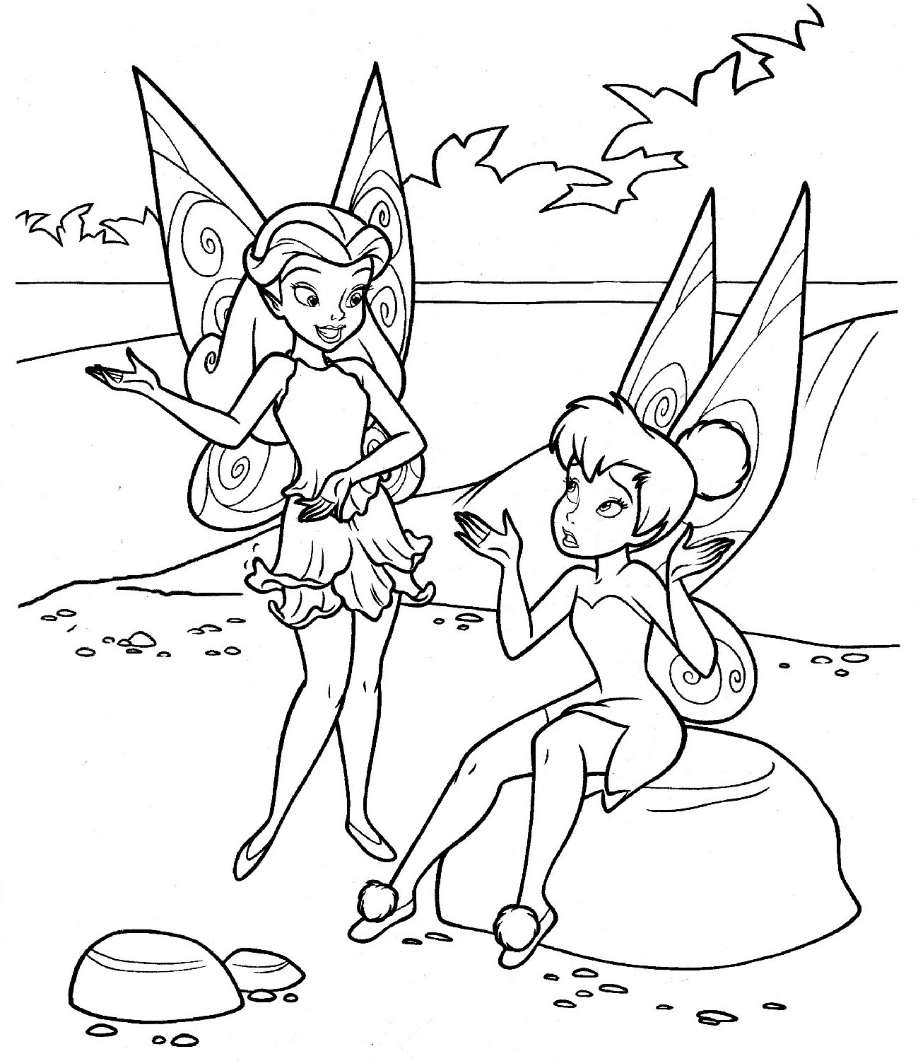 Dibujo de Campanita y Rosetta conversando para colorear