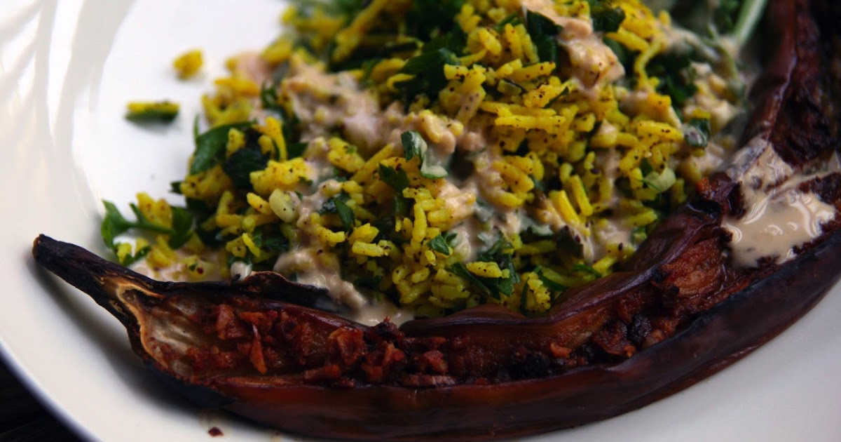 Chermoula Eggplant with Herbed Pilaf Recipe mostly foodstuffs