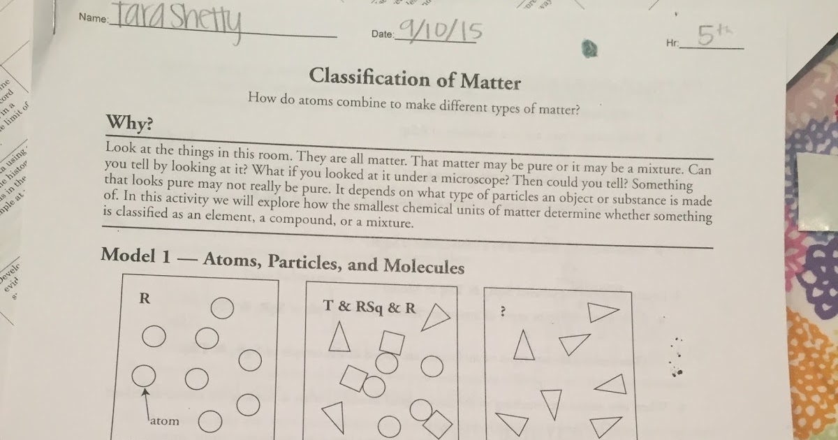 classification of matter worksheet answers model 1