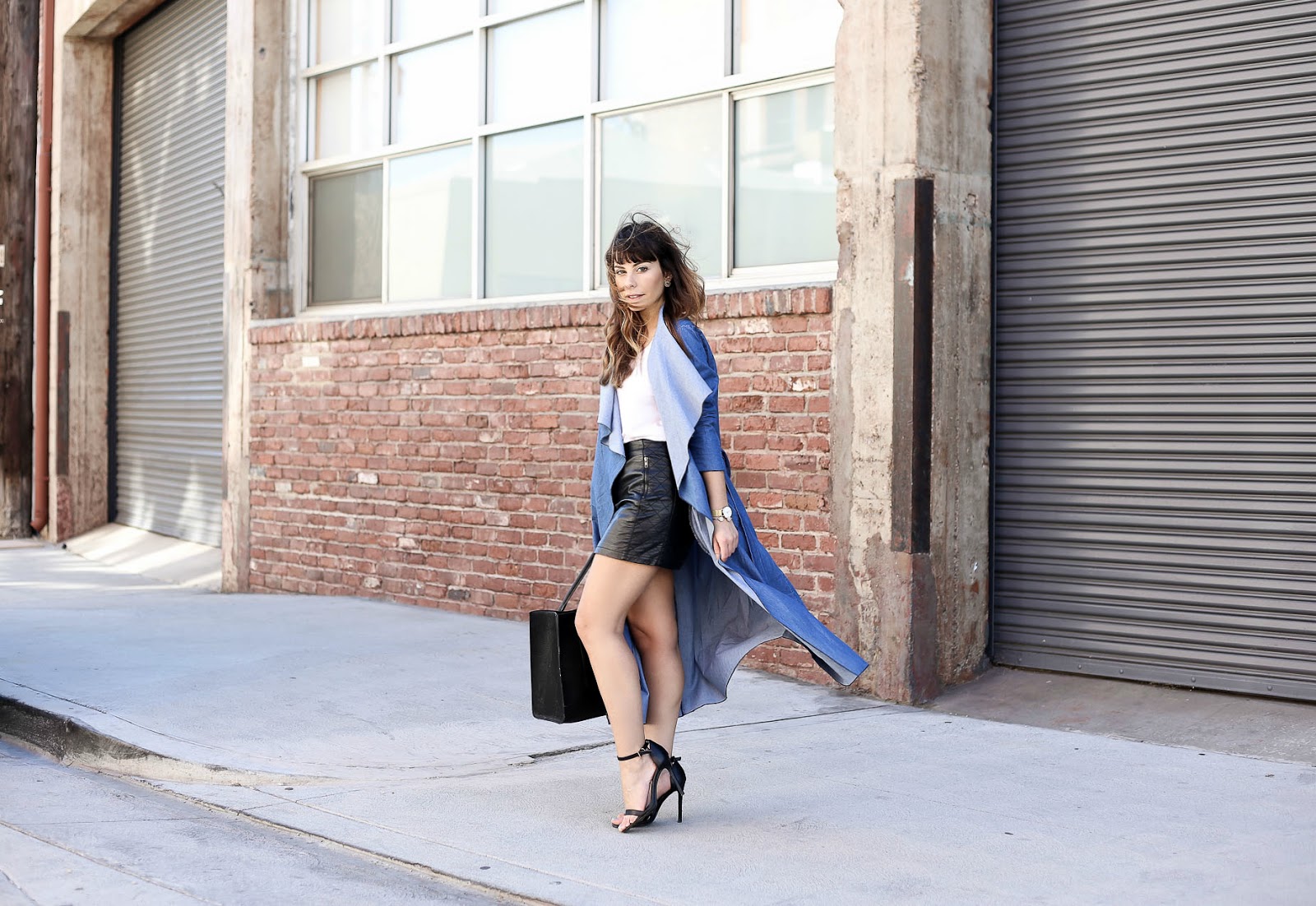 Stiletto Beats, boohoo, denim jacket, denim trench, retrosuperfuture, leather mini skirt, ootd, street style,