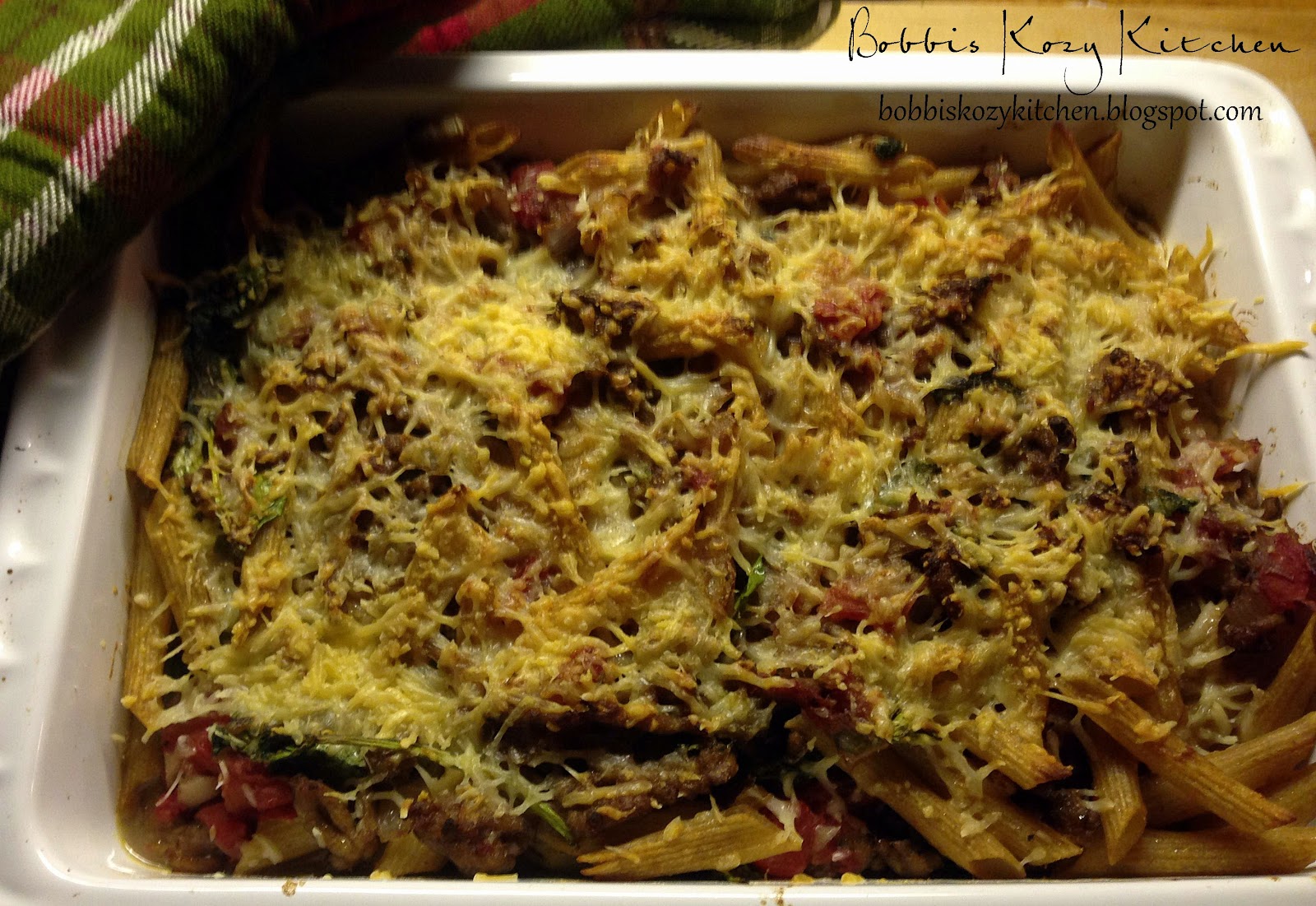 Sausage, Tomato and Spinach Pasta Bake Bobbi's Kozy Kitchen