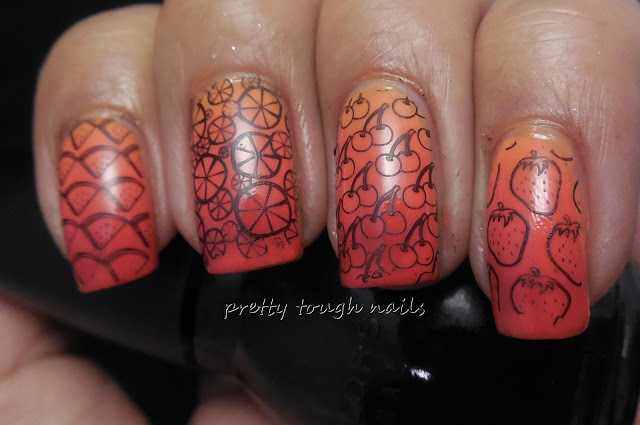 Summer Gradient Sinful Sunburnt, Revlon Sorbet, and Sally Hansen Right Said Red with Winstonia Fruit Stamping