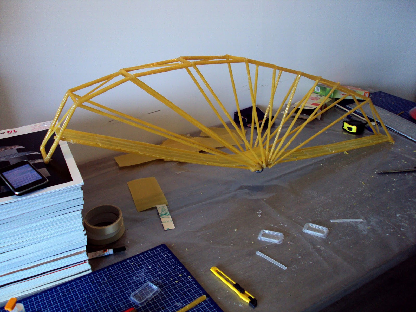 tiny blue apartment Building spaghetti bridges