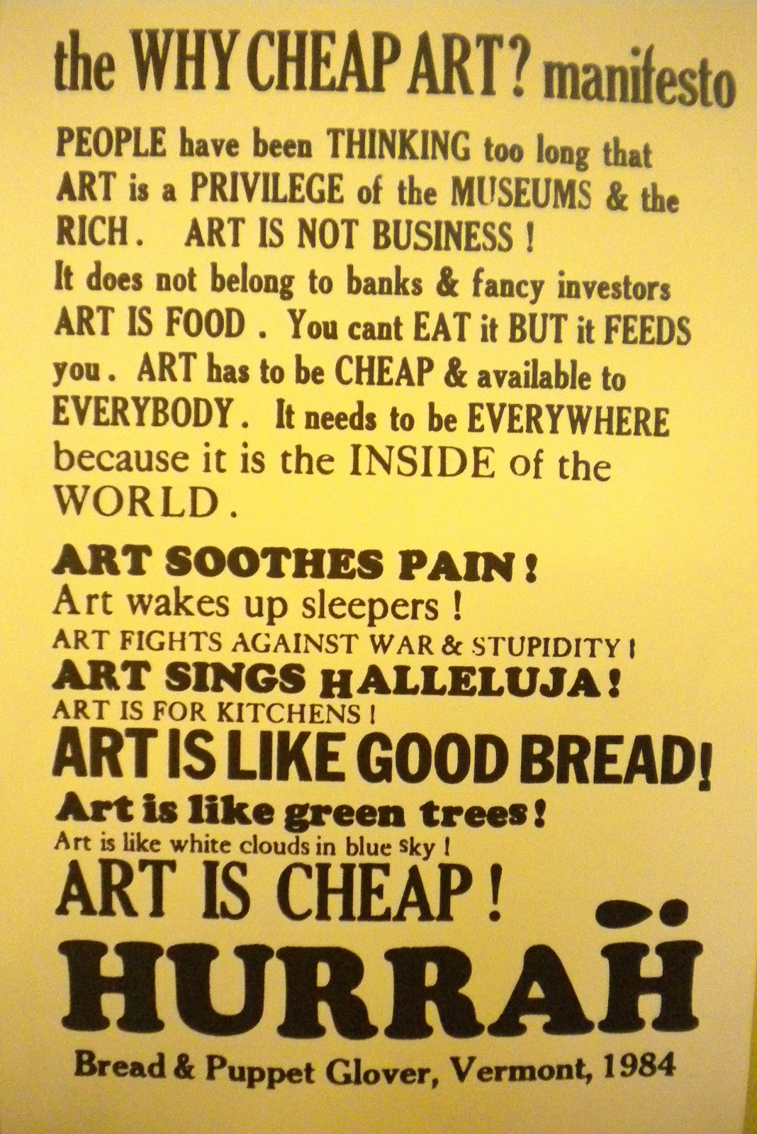 Waitsfield Elementary Art Cheap Art Manifesto from Bread and Puppet