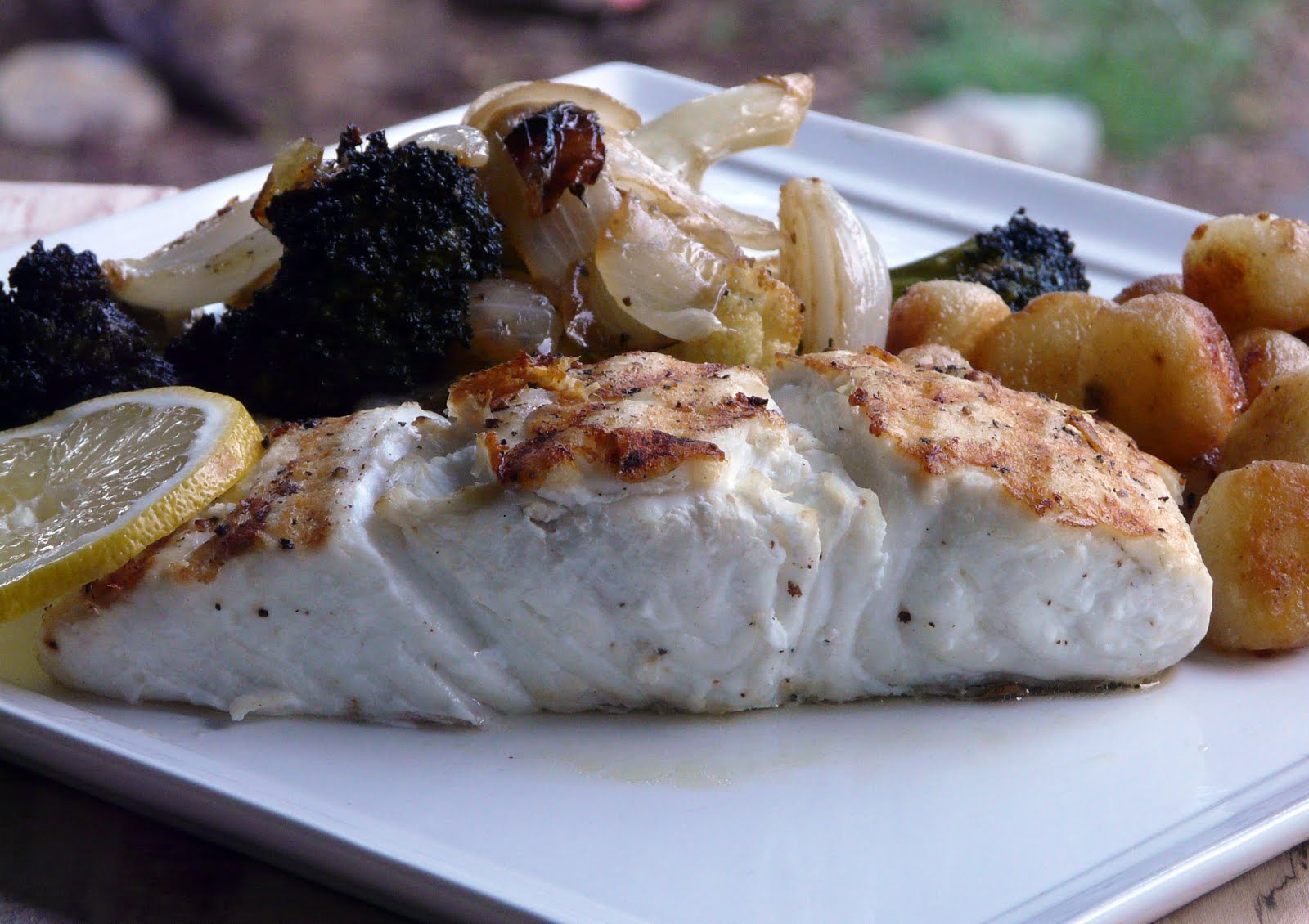 Thibeault's Table Grilled Halibut with Roasted Vegetables
