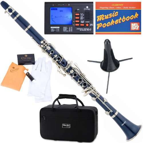 Mendini MCT-BL+SD+PB+92D Blue ABS B Flat Clarinet with Tuner, Case, Stand, Mouthpiece, 10 Reeds and More