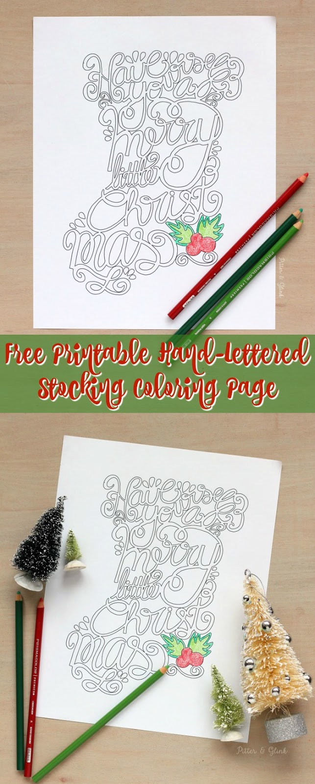 Free Printable Hand-Lettered Stocking Coloring Page--Download your copy today to color while you wait for Santa! | www.pitterandglink.com