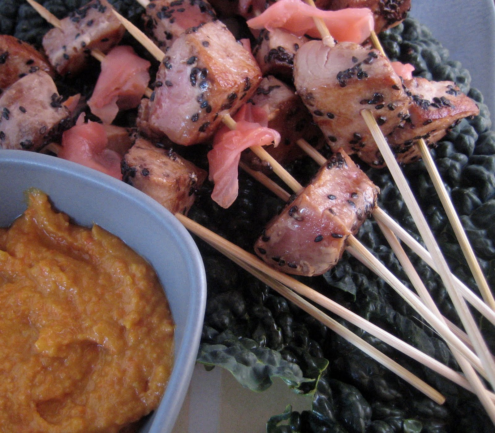 Blue Kale Road Black Sesame Tuna Skewers with CarrotMiso Sauce