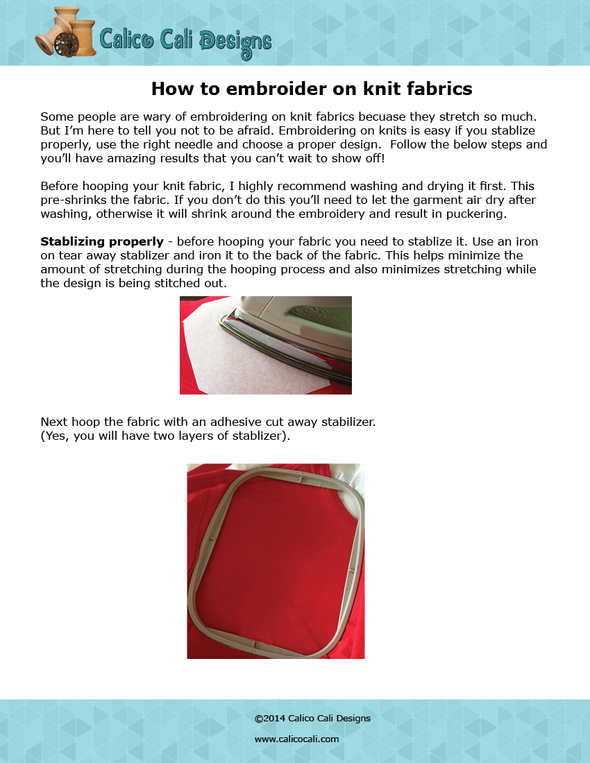 Calico Cali Designs Tutorial how to embroider on knit fabrics