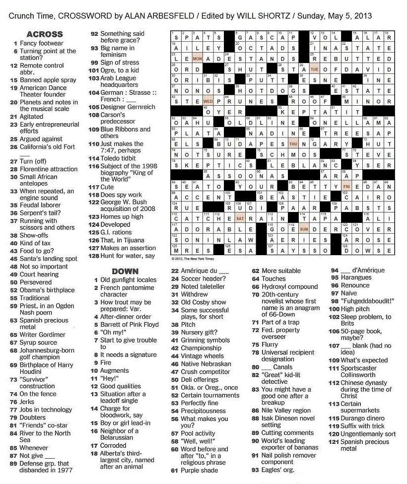 New York Times Crossword Puzzle Sunday May 26 2013