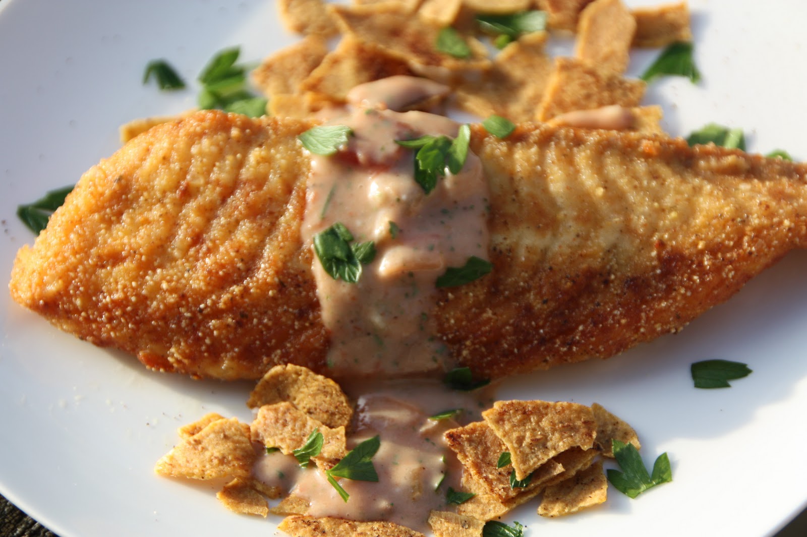 EVERYDAY SISTERS Corn Meal Crusted Tilapia with Spiced Tortilla Chips