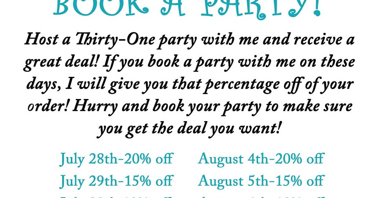 Thirty one july specials July Thirty-One Facebook Party Script. Posted on June 28, Here is my July Facebook script. I used my “secret” business page to create “LIVE” videos that I will incorporate into my party.
