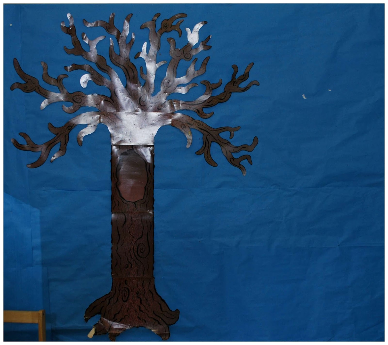 making a cardboard tree rubber boots and elf shoes