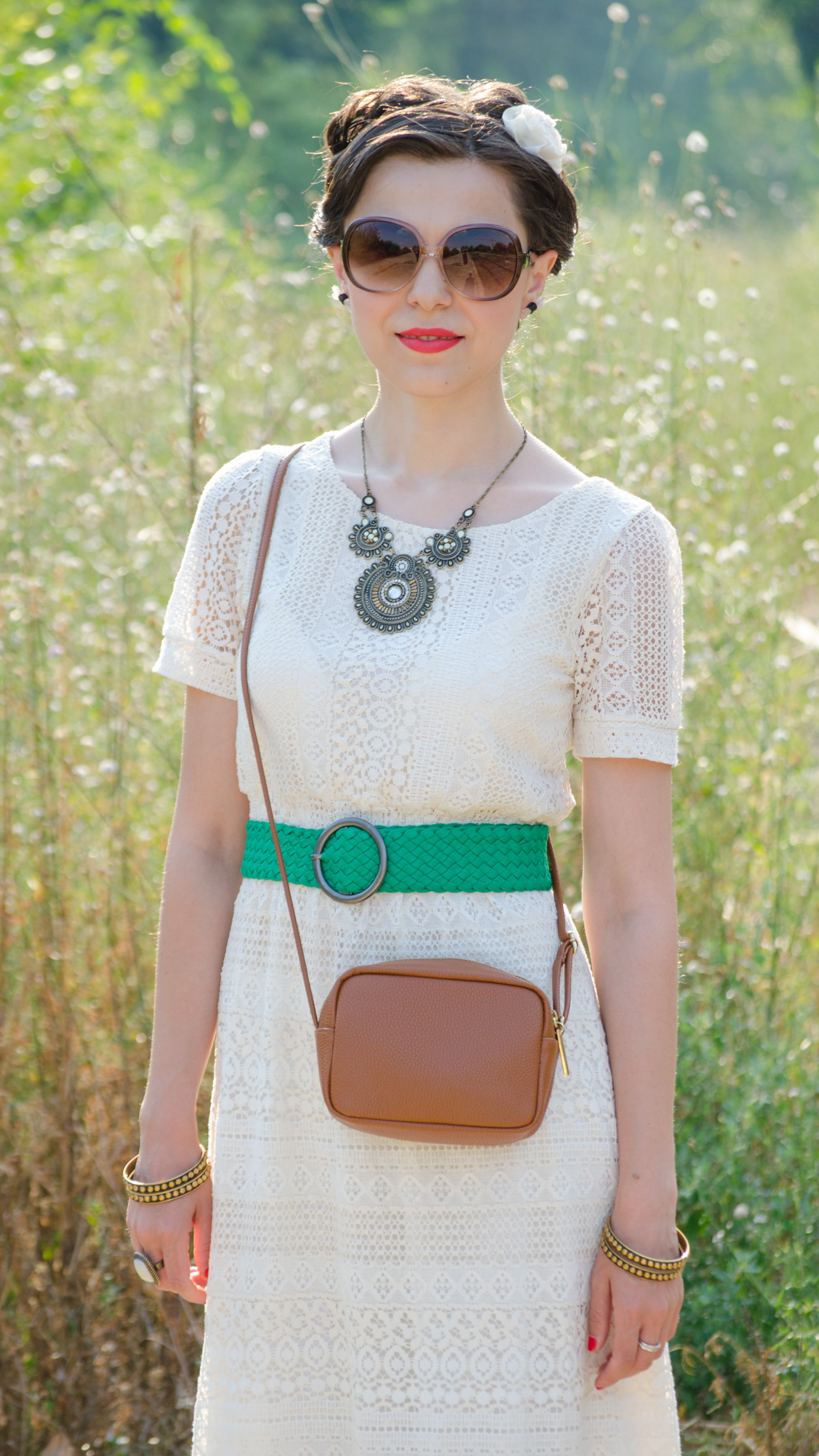 boho chic cotton lace dress koton green belt strap green nude shoes statement necklace h&m small brown satchel ivory