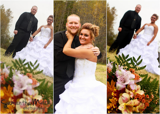 bride and groom pretend to choke each other