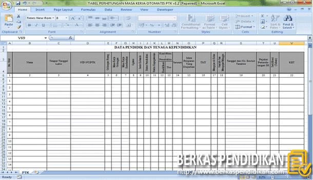 Tabel Perhitungan Masa Kerja PTK PNS ASN Otomatis Format