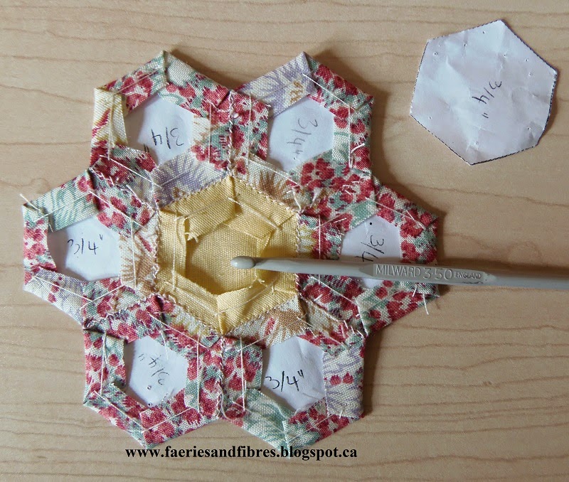 Faeries and Fibres Basting hexagons from the back and removing papers