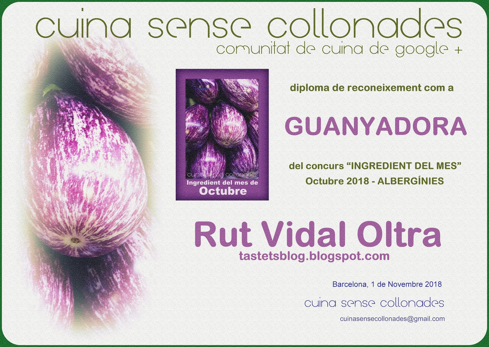 Guanyadora del concurs "Ingredient del mes, albergínies" de Cuina sense collonades, octubre 2018