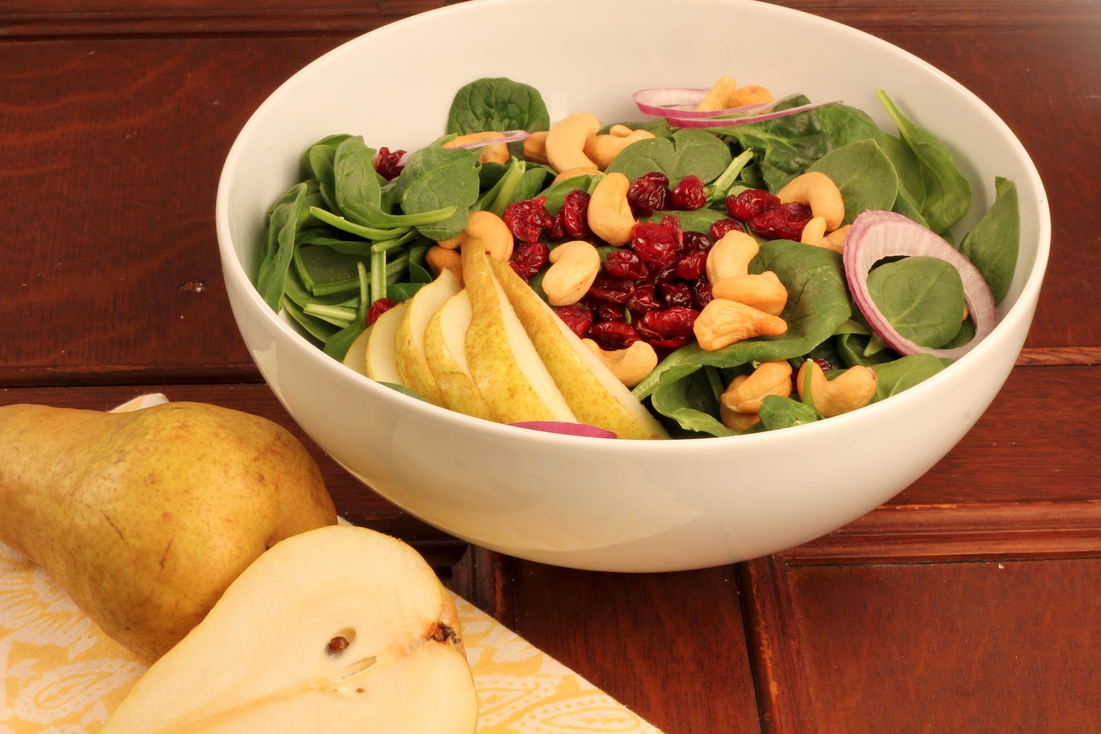 Spinach Salad with Pears, Cranberries and Cashews~ - That Skinny Chick