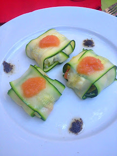 Raviolis De Cintas De Calabacin, Tomate , Queso De Cabray Aceituna Negra
