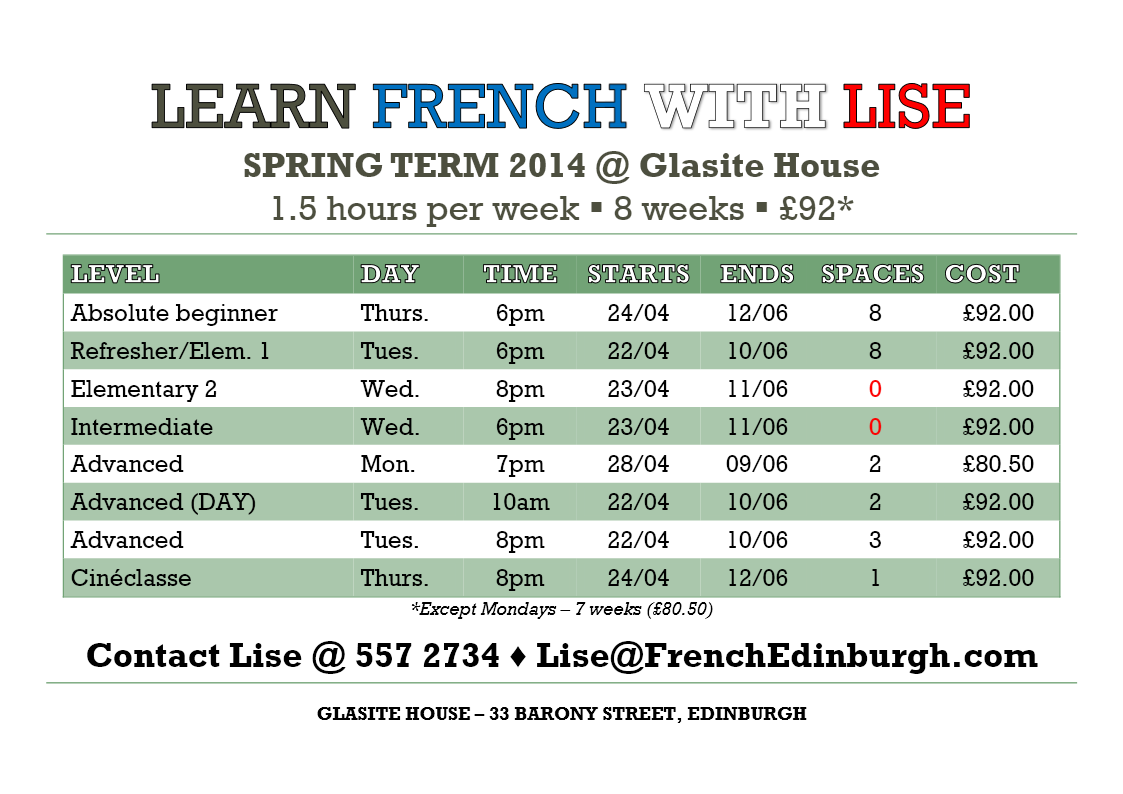 French Edinburgh New French evening classes in Edinburgh Spring 2014