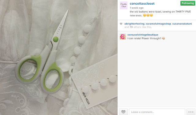 Screenshot of an Instagram photo, showing a pair of scissors on a white dress.