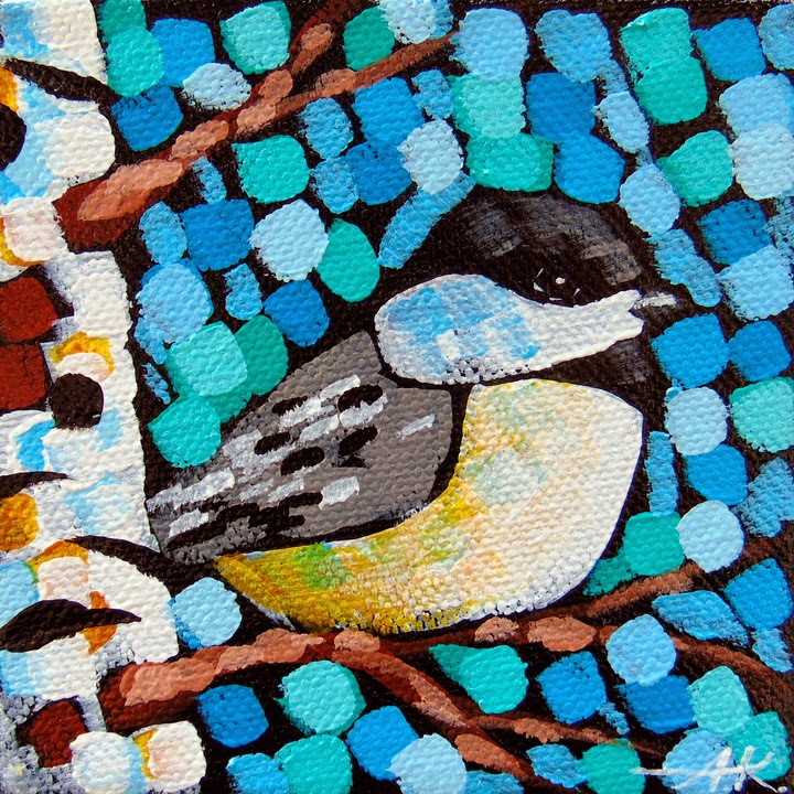 "Colorful Dee No. 1" Chickadee, Aaron Kloss, Birch, Landscape, Sivertson Gallery, pointillism
