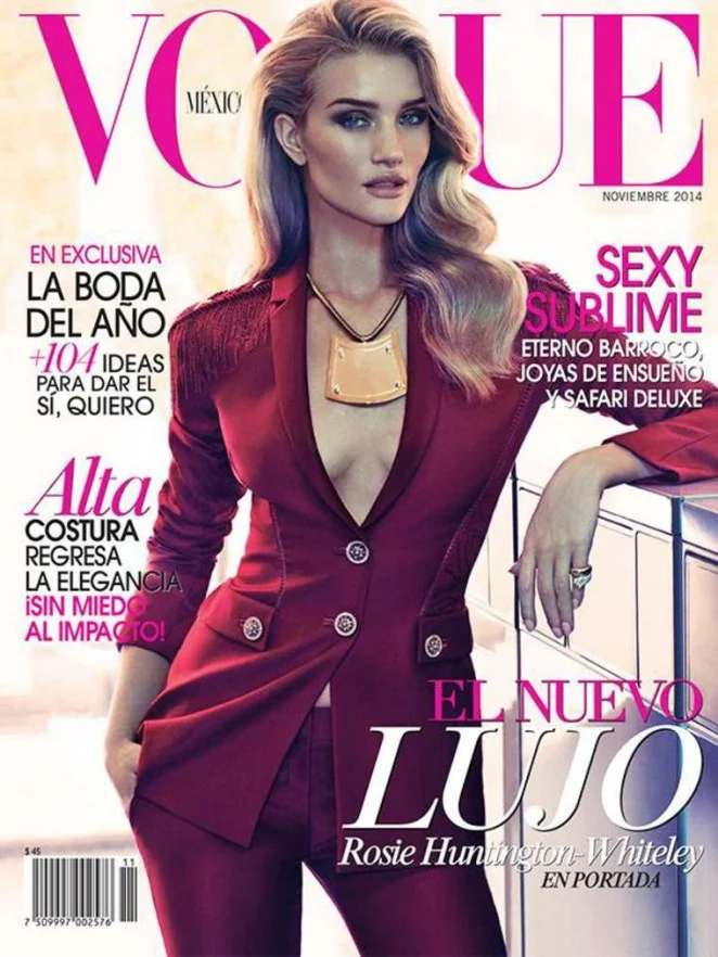 Rosie Huntington Whiteley poses in a Versace pant suit for Vogue Mexico November 2014