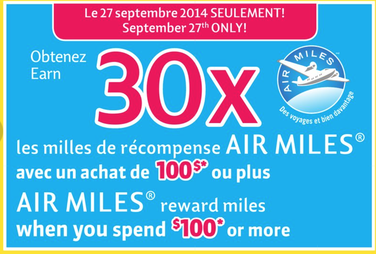 Aujourd'hui seulement! 30x les milles de Air Miles avec un