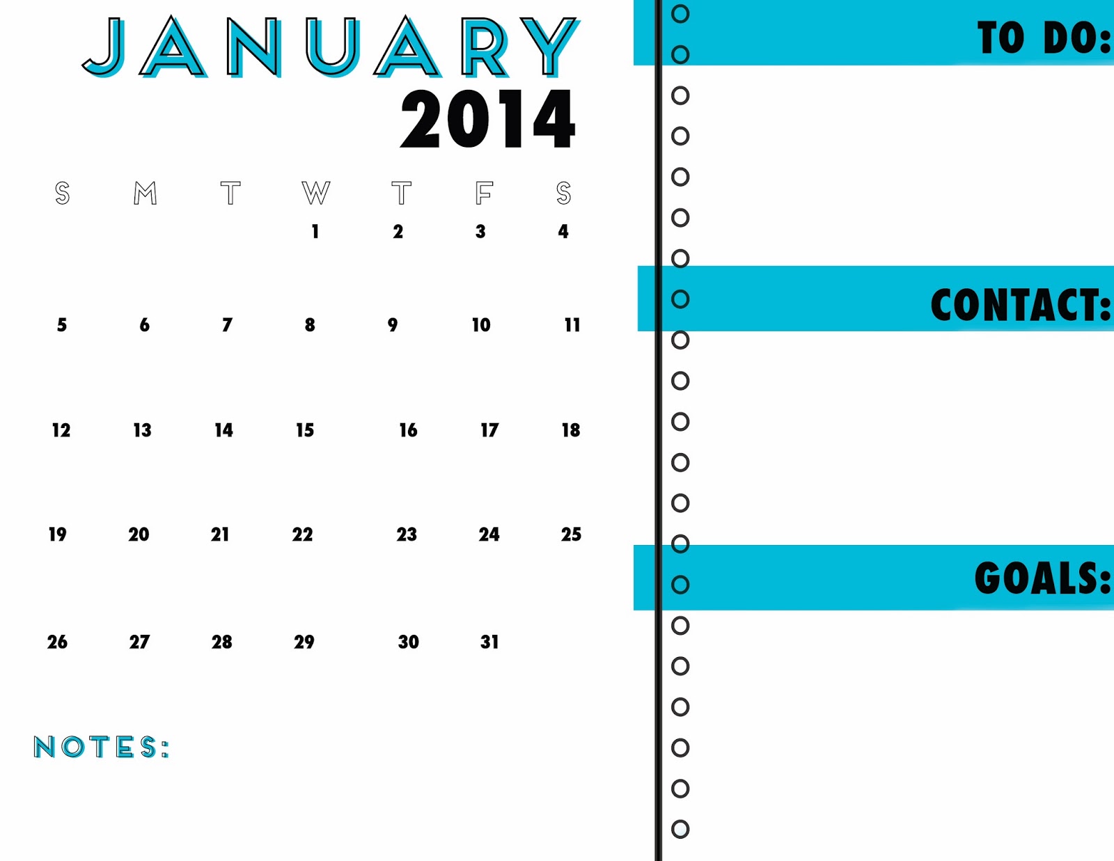 idlized Free Printable Calendar Organizer 2014 January