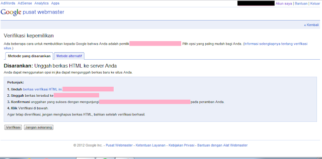 Cara Daftar Blog ke Google Webmaster Tools - Halaman Verifikasi Kepemilikan