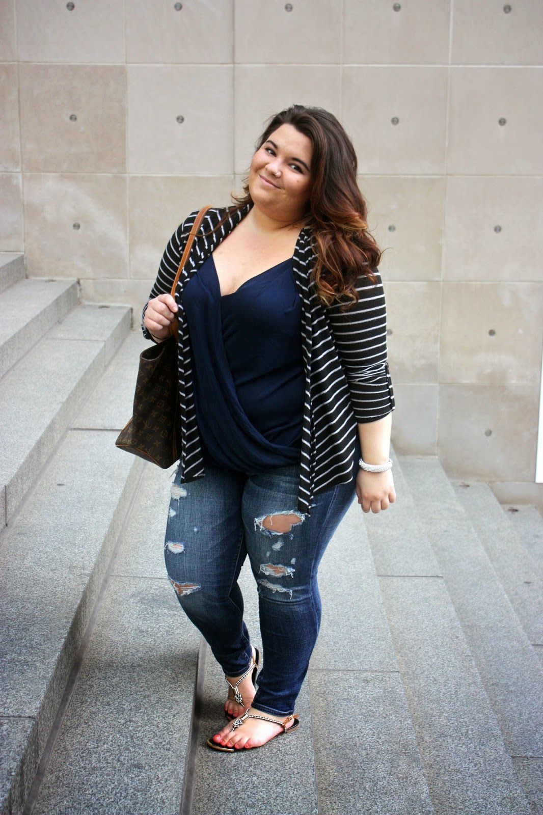 curvy fashionista, Destroyed denim, american eagle jeans, louis vuitton tote, stripes, cardigans, swarovski bangle, missimo sandals, forever 21 plus size, curly hair, ombre, deep neck, plus size fashion blogger, natalie craig, natalie in the city, chicago, spring style 2014, fashion blogger, plus size
