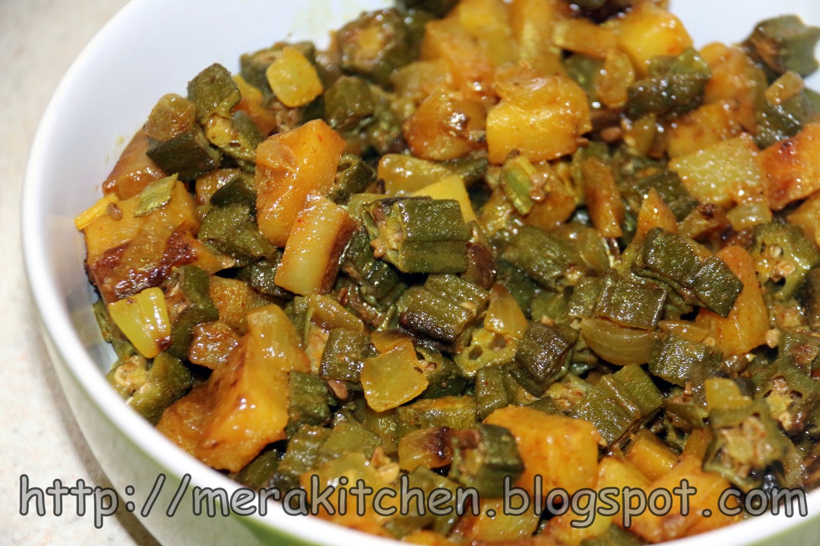 merakitchen Pyazwali Alu Bhindi (Orka, Onions and Potatoes stirfry)