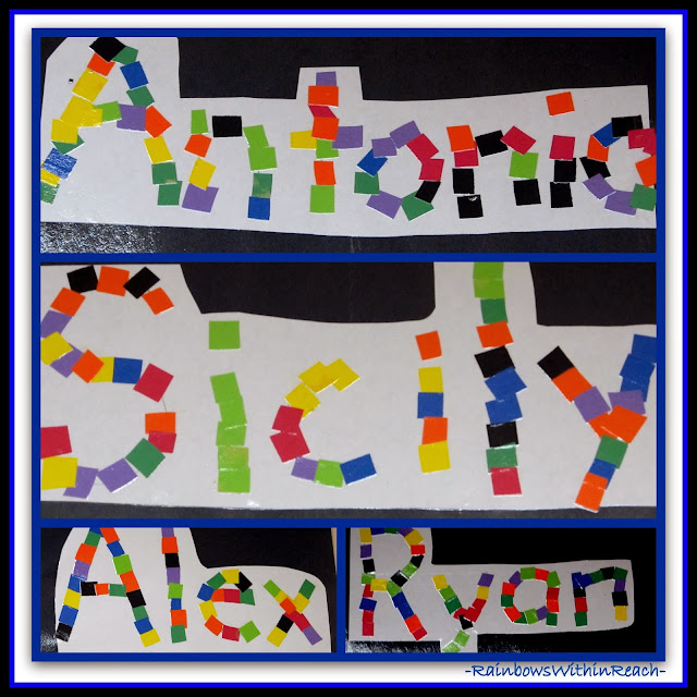 Kindergarten First Name Mosaics with Construction Paper via RainbowsWithinReach