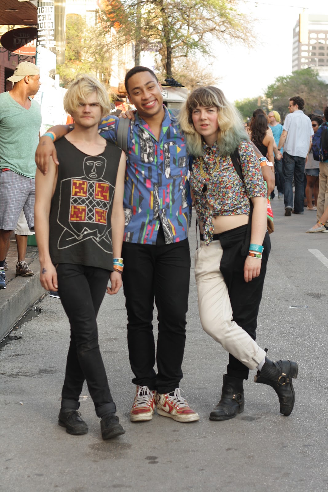 three friends with funky style at sxsw music festival