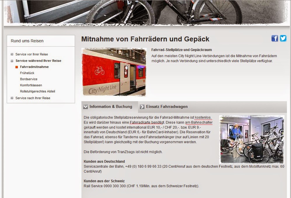 City Night Line Website Bicycle Transport Site of CNL regarding transportation of a bike or tandem