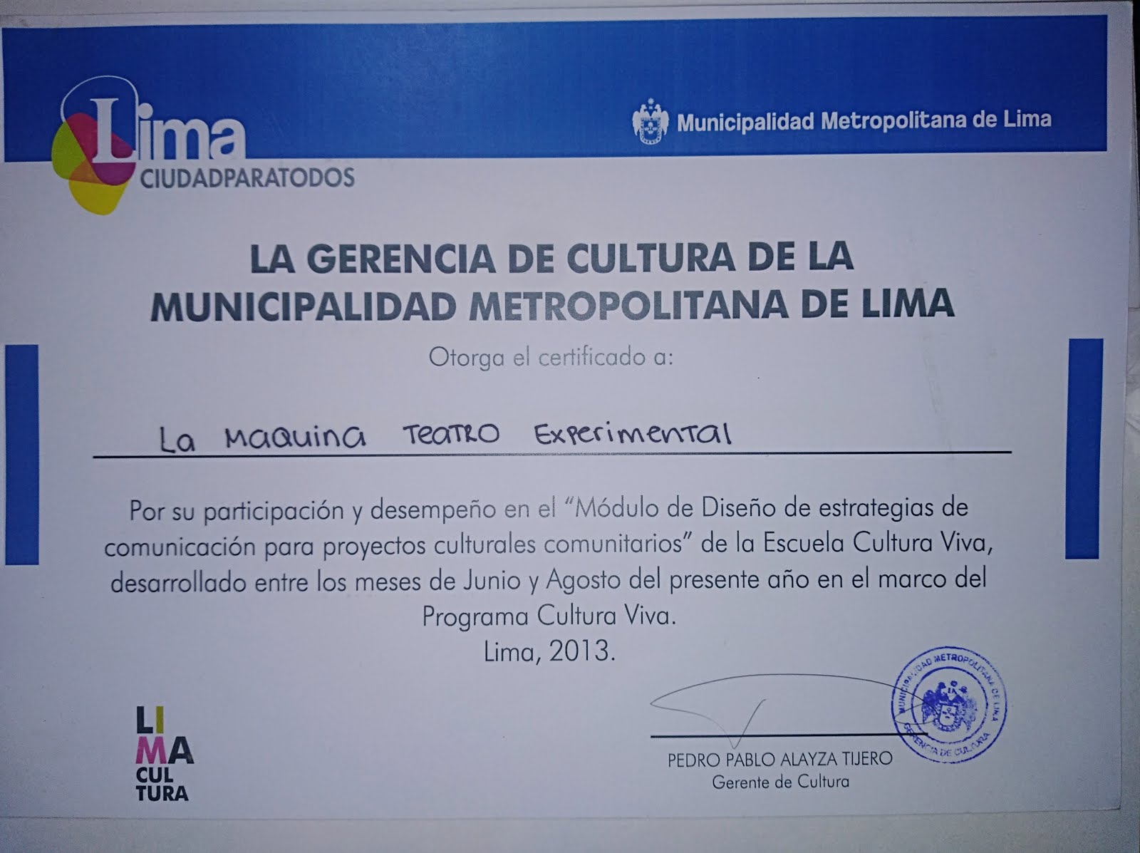 certificado lima 2013
