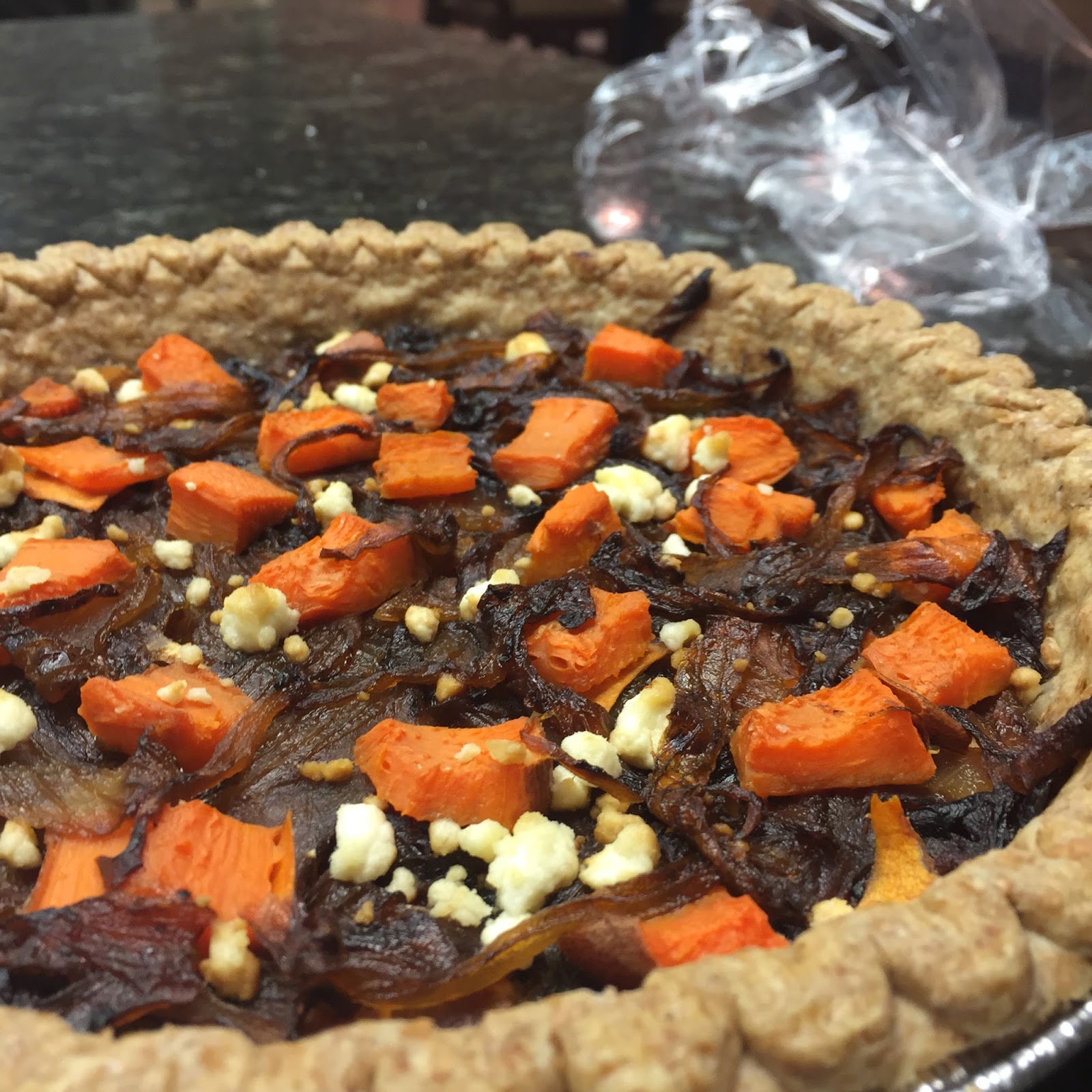 Kismet Cooking Carmelized Onion and Sweet Potato Tarte with Goat Cheese