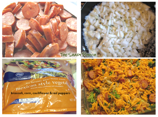 Ingredients and the making of Cheesy Vegetable Casserole with Chicken Sausage Ingredients and the making of Cheesy Vegetable Casserole with Chicken Sausage