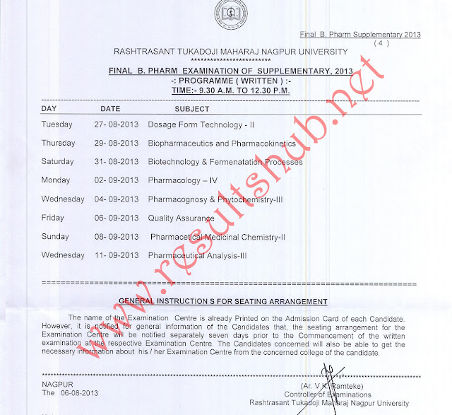 Final B.Pharm Supplementary Winter 2013 Timetable RTM Nagpur University